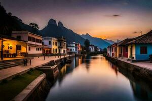 une canal dans le milieu de une ville à le coucher du soleil. généré par ai photo