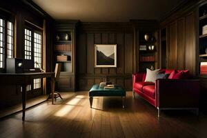 une vivant pièce avec bois panneaux et rouge meubles. généré par ai photo