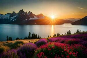 le Soleil monte plus de le montagnes et lac. généré par ai photo