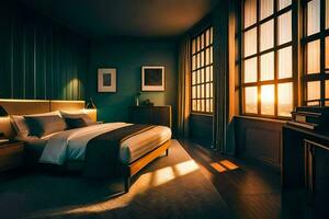 une chambre avec une lit et une la fenêtre. généré par ai photo