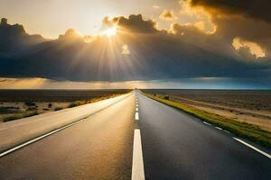 une longue route avec Soleil brillant par des nuages. généré par ai photo