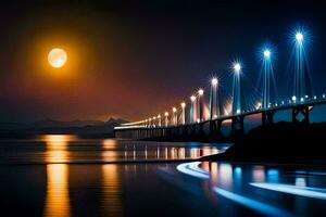 une pont plus de l'eau à nuit avec une plein lune. généré par ai photo