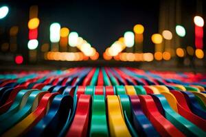 une rangée de coloré Plastique chaises dans de face de une ville rue. généré par ai photo