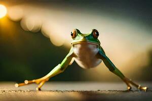 une grenouille est permanent sur le sol avec ses jambes diffuser. généré par ai photo