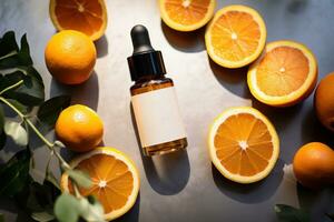 bouteille de vitamine c sérum avec Frais juteux Orange fruit. beauté produit l'image de marque maquette. ai généré photo