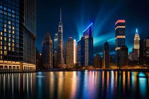 une ville horizon à nuit avec lumières brillant sur il. généré par ai photo