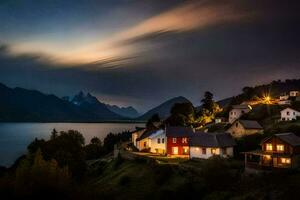 une petit village dans le montagnes à nuit. généré par ai photo