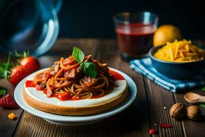 spaghetti avec tomate sauce et fromage sur une plaque. généré par ai photo