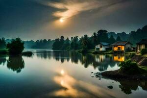 une maison est assis sur le rive de une rivière avec une plein lune. généré par ai photo