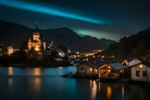 une petit ville dans le montagnes avec une lumière brillant au dessus il. généré par ai photo