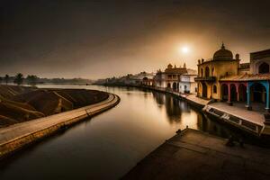 le Soleil monte plus de une canal dans Inde. généré par ai photo