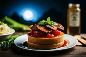 une assiette avec une sandwich et sauce sur il. généré par ai photo