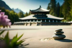 une pierre empiler est assis sur le le sable dans de face de une pagode. généré par ai photo