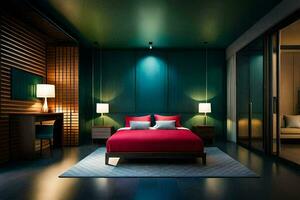 une moderne chambre avec une rouge lit et en bois des murs. généré par ai photo