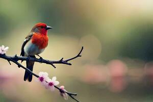 une rouge oiseau séance sur une branche avec rose fleurs. généré par ai photo