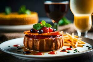 une dessert avec fruit et une verre de du vin. généré par ai photo