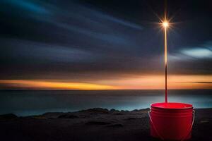 une rouge seau avec une lumière sur Haut de il. généré par ai photo