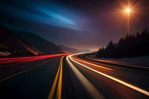 une longue exposition photo de une Autoroute à nuit. généré par ai