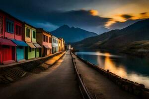 une le coucher du soleil plus de une Lac et coloré Maisons. généré par ai photo