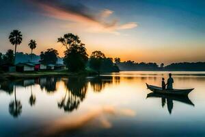 une homme et femme dans une bateau sur une Lac à le coucher du soleil. généré par ai photo