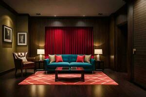 une vivant pièce avec une bleu canapé et rouge rideaux. généré par ai photo