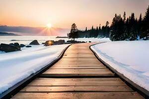 une en bois promenade pistes à le rive de une Lac dans le l'hiver. généré par ai photo