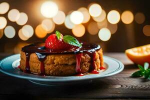 une gâteau avec des fraises et Chocolat sauce sur une plaque. généré par ai photo