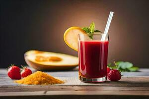 une verre de jus avec une tranche de melon et une tranche de framboises. généré par ai photo