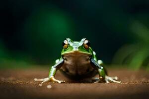 une grenouille séance sur le sol avec une vert Contexte. généré par ai photo