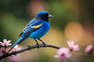 une bleu oiseau est assis sur une branche avec rose fleurs. généré par ai photo