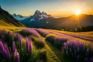 le Soleil monte plus de le montagnes et le fleurs sont dans floraison. généré par ai photo