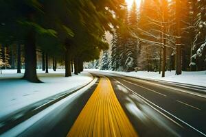 une neigeux route dans le l'hiver. généré par ai photo