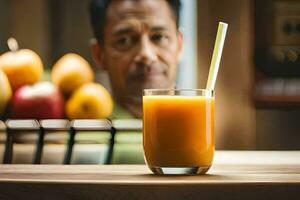 une homme séance dans de face de une verre de Orange jus. généré par ai photo