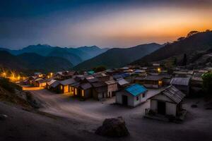 une village à le coucher du soleil dans le montagnes. généré par ai photo