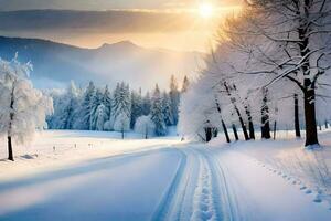 hiver paysage avec neige couvert des arbres et route. généré par ai photo
