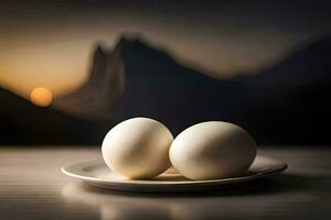 deux des œufs sur une assiette avec montagnes dans le Contexte. généré par ai photo