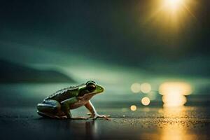 une grenouille séance sur le plage à nuit. généré par ai photo