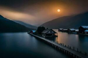 une Lac et Dock à le coucher du soleil avec une maison dans le distance. généré par ai photo