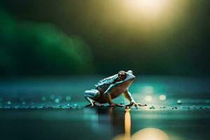 une grenouille séance sur le sol dans le pluie. généré par ai photo