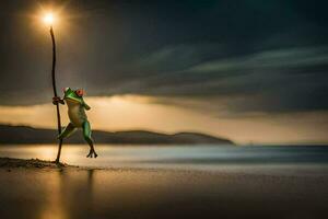 une grenouille sur une pôle en portant une lumière. généré par ai photo