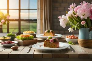 une table avec une gâteau, fleurs et autre aliments. généré par ai photo