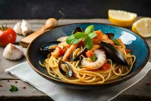 spaghetti avec moules, tomates et Ail. généré par ai photo