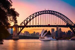 Sydney port pont à le coucher du soleil. généré par ai photo