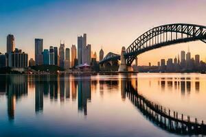Sydney port pont à le coucher du soleil. généré par ai photo