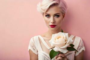 une femme avec rose cheveux et blanc Rose. généré par ai photo