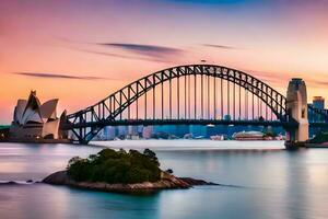 le Sydney port pont à le coucher du soleil. généré par ai photo