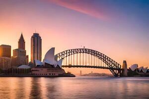 le Sydney horizon à le coucher du soleil. généré par ai photo