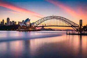le Sydney opéra maison et Sydney pont à le coucher du soleil. généré par ai photo