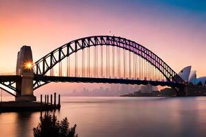 le Sydney port pont à le coucher du soleil. généré par ai photo