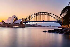 le Sydney opéra maison et pont à le coucher du soleil. généré par ai photo
